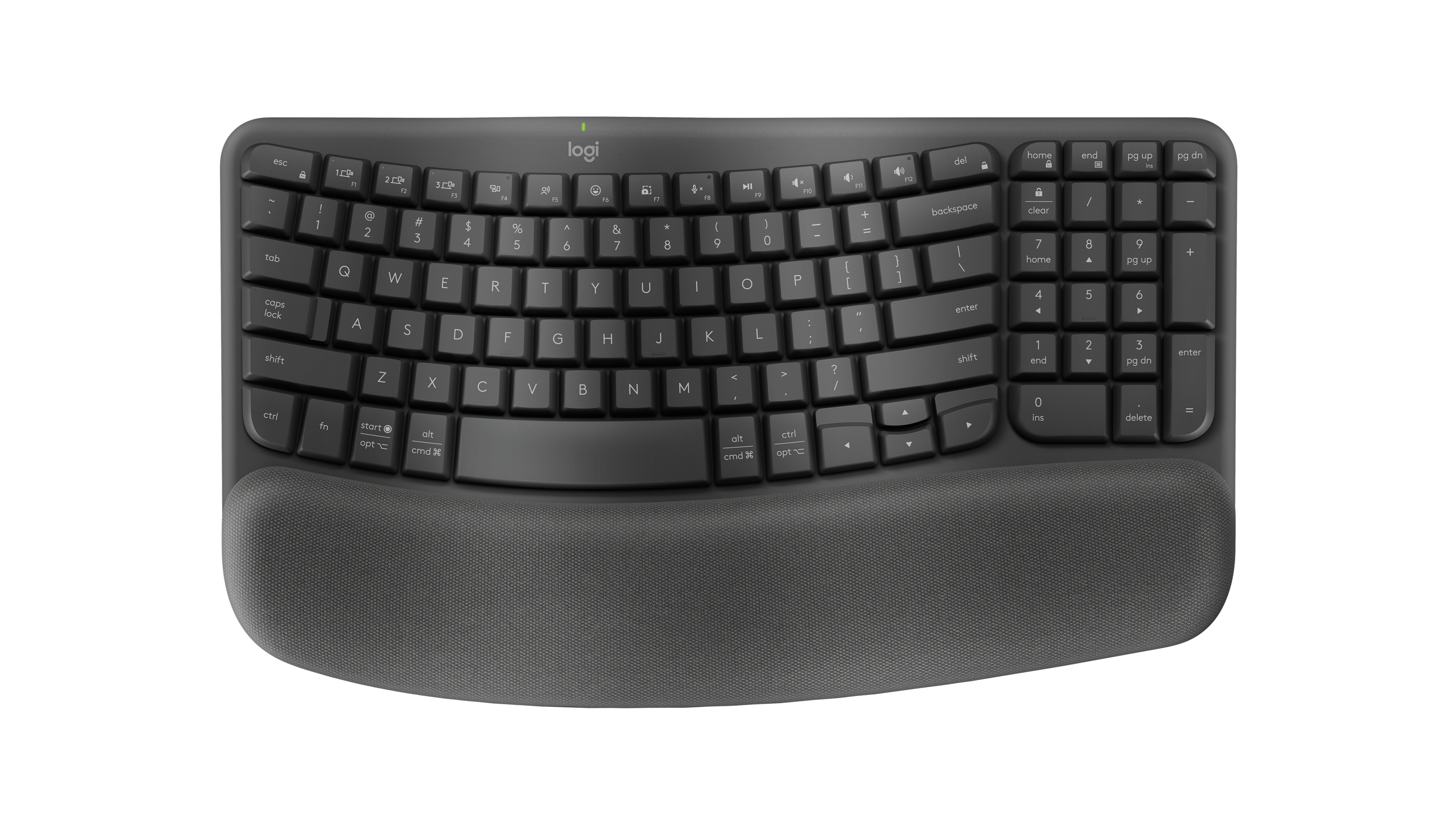 Logitech Wave Keys curved single-piece keyboard with cushioned cloth palm rest in graphite